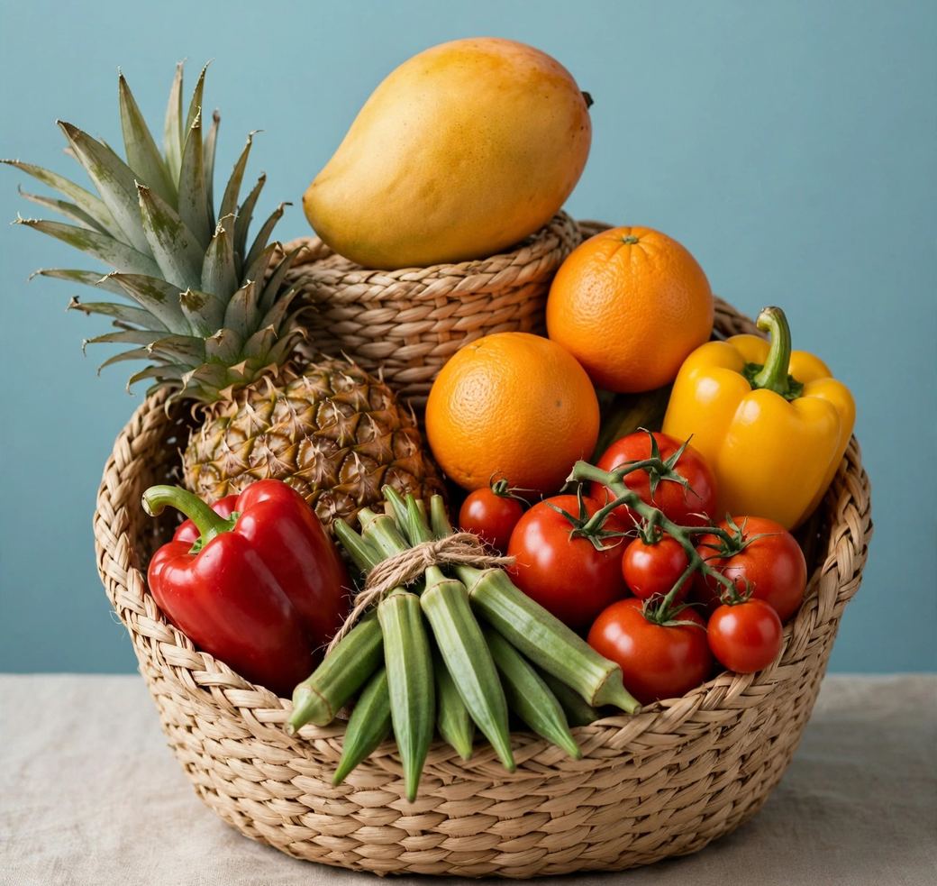 A woven basket of freshly picked produce: a golden mango on top, with pineapple, oranges, tomatoes, peppers and okra